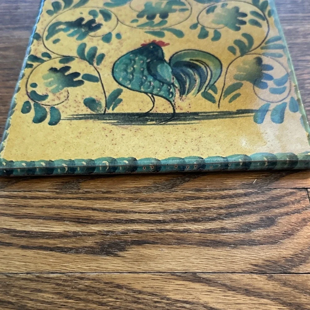 Williams Sonoma Trivet Tile Hand-Painted Rooster Ceramic in Teal and Gold